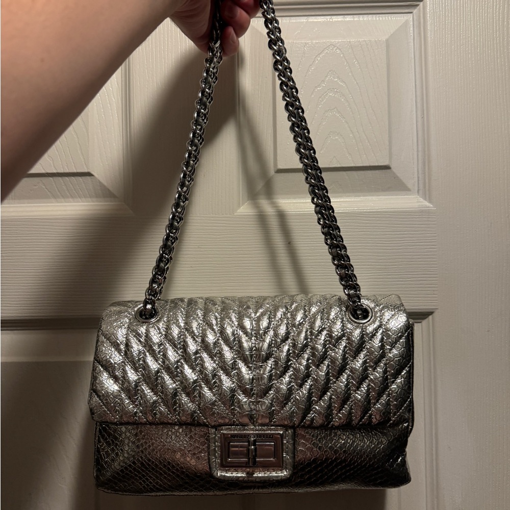 Karl Lagerfeld Silver Quilted Chain Shoulder Bag